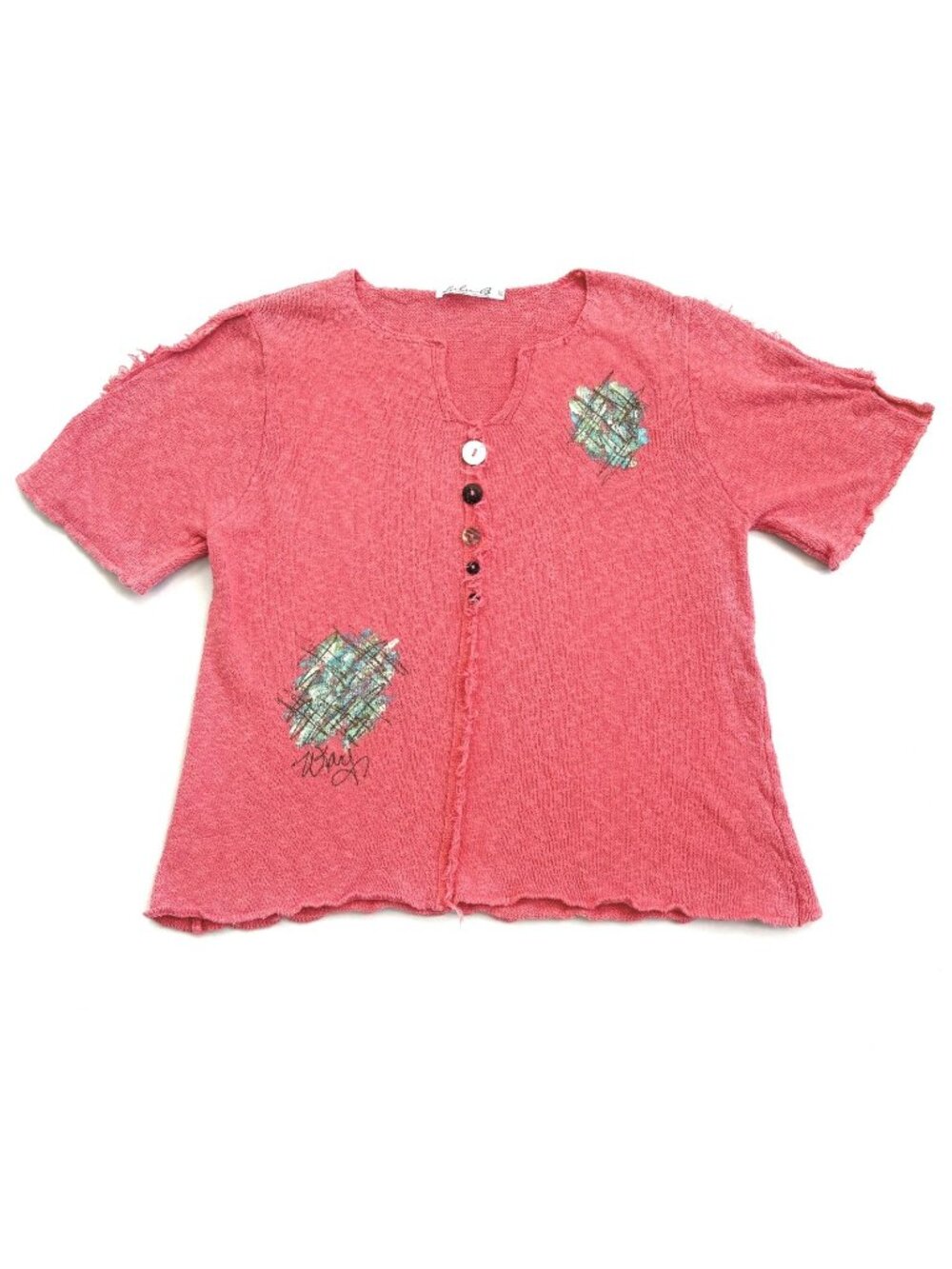 Lulu-B Women’s XL Coral Pink Knit Button Front Artsy Abstract Textured Top